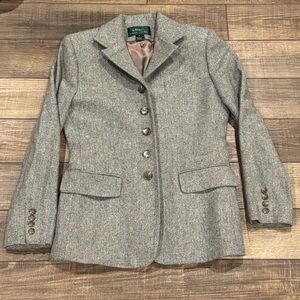 Lauren Ralph Lauren Womens Sz 6 Button Wool Blazer Jacket Grey Herringbone Vtg